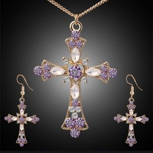 NWT Gold Purple Cross Earrings Necklace Set!